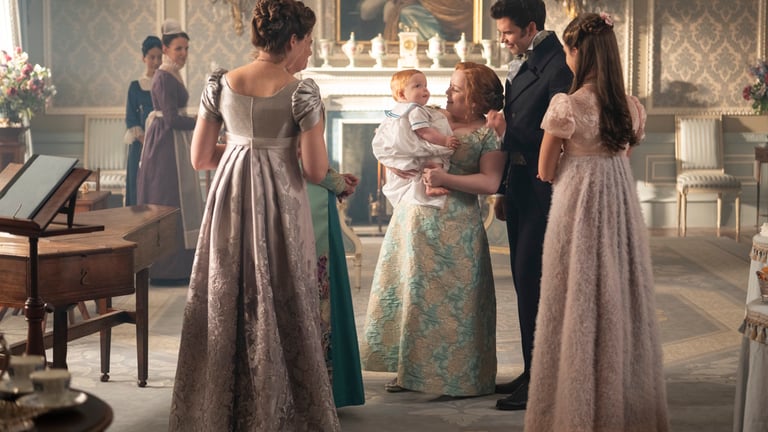 Bridgerton. (L to R) Sophie Lamont as Celia, Ruth Gemmell as Lady Violet Bridgerton, Polly Walker as Lady Featherington, Nicola Coughlan as Penelope Featherington, Luke Thompson as Benedict Bridgerton, Florence Hunt as Hyacinth Bridgerton in episode 401 of Bridgerton. Cr. Liam Daniel/Netflix © 2025