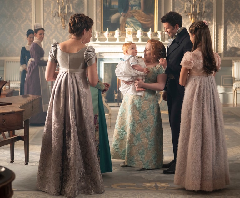 Bridgerton. (L to R) Sophie Lamont as Celia, Ruth Gemmell as Lady Violet Bridgerton, Polly Walker as Lady Featherington, Nicola Coughlan as Penelope Featherington, Luke Thompson as Benedict Bridgerton, Florence Hunt as Hyacinth Bridgerton in episode 401 of Bridgerton. Cr. Liam Daniel/Netflix © 2025