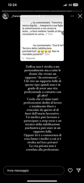 Francesca Sorrentino risponde agli attacchi social.